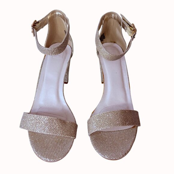 Gold Glitter Block Heel Sandals Size 8 Ankle Strap Open Toe Formal Party Shoes - Picture 3 of 14